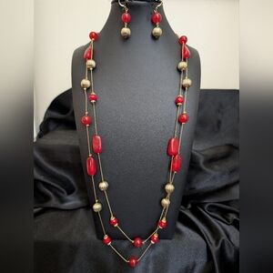 #8. Long Gold & Red  Necklace With Earrings
